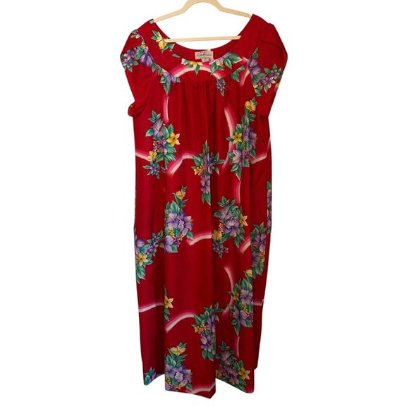 Vtg Hukilau Fashions Honolulu Hawaiian Kaftan Muu‎ Muu Red Tropical Floral Sz 24 - Picture 1 of 4